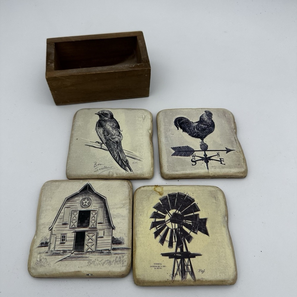 Chad Barrett Stone Coasters‎ Cork Farmhouse Windmill Barn Weathervane Bird EUC